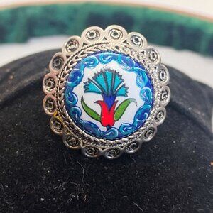 Made in Turkey Sterling Silver Filigree Ring Floral Ceramic Porcelain Size 10